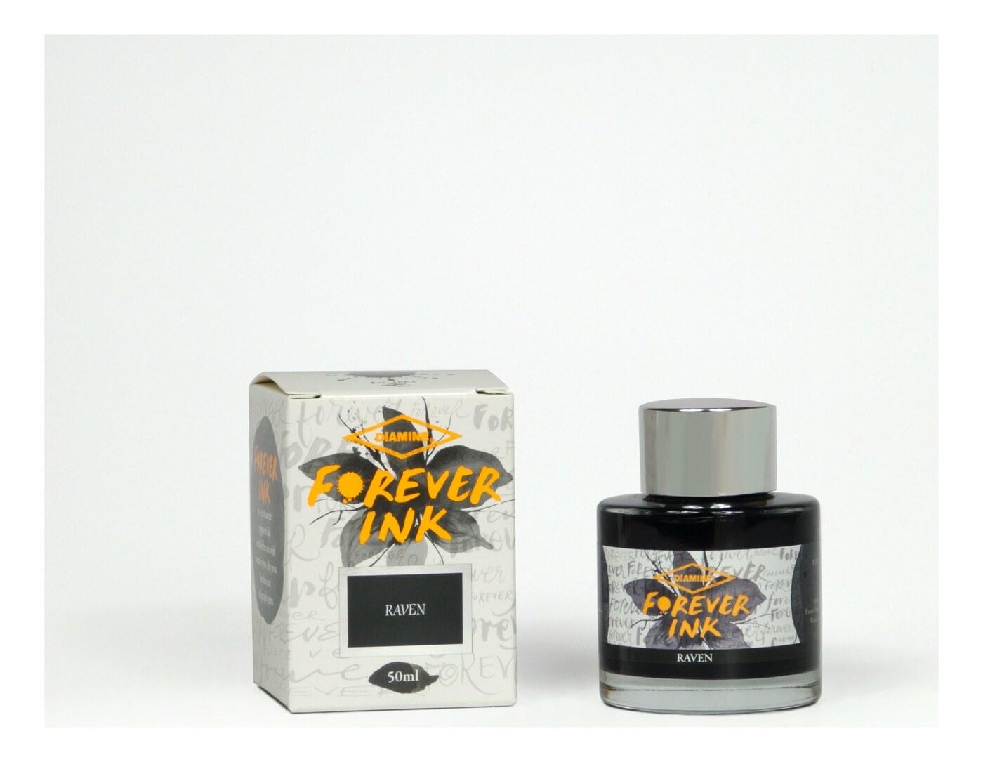 A bottle of Diamine Forever Pigment Raven.