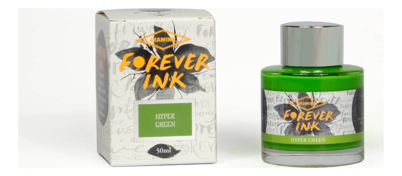 A bottle of Diamine Forever Pigment Hyper Green.