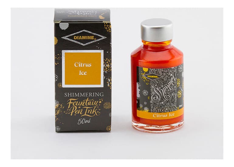 A bottle of Diamine Shimmer Citrus Ice.