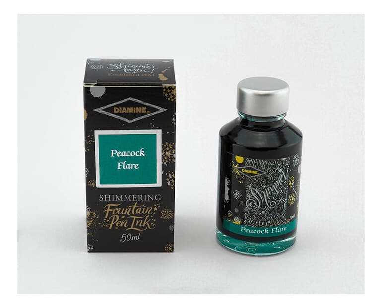 A bottle of Diamine Shimmer Peacock Flare.