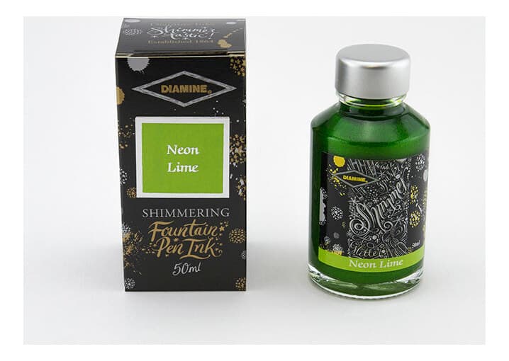 A bottle of Diamine Shimmer Neon Lime.