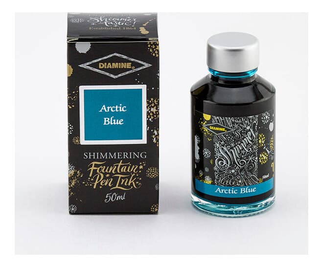 A bottle of Diamine Shimmer Arctic Blue.