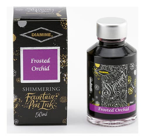 A bottle of Diamine Shimmer Frosted Orchid.