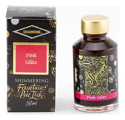 A bottle of Diamine Shimmer Pink Glitz.