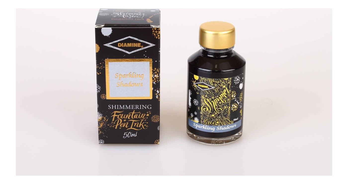 A bottle of Diamine Shimmer Sparkling Shadows.