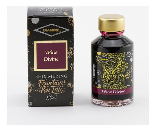 A bottle of Diamine Shimmer Wine Divine.
