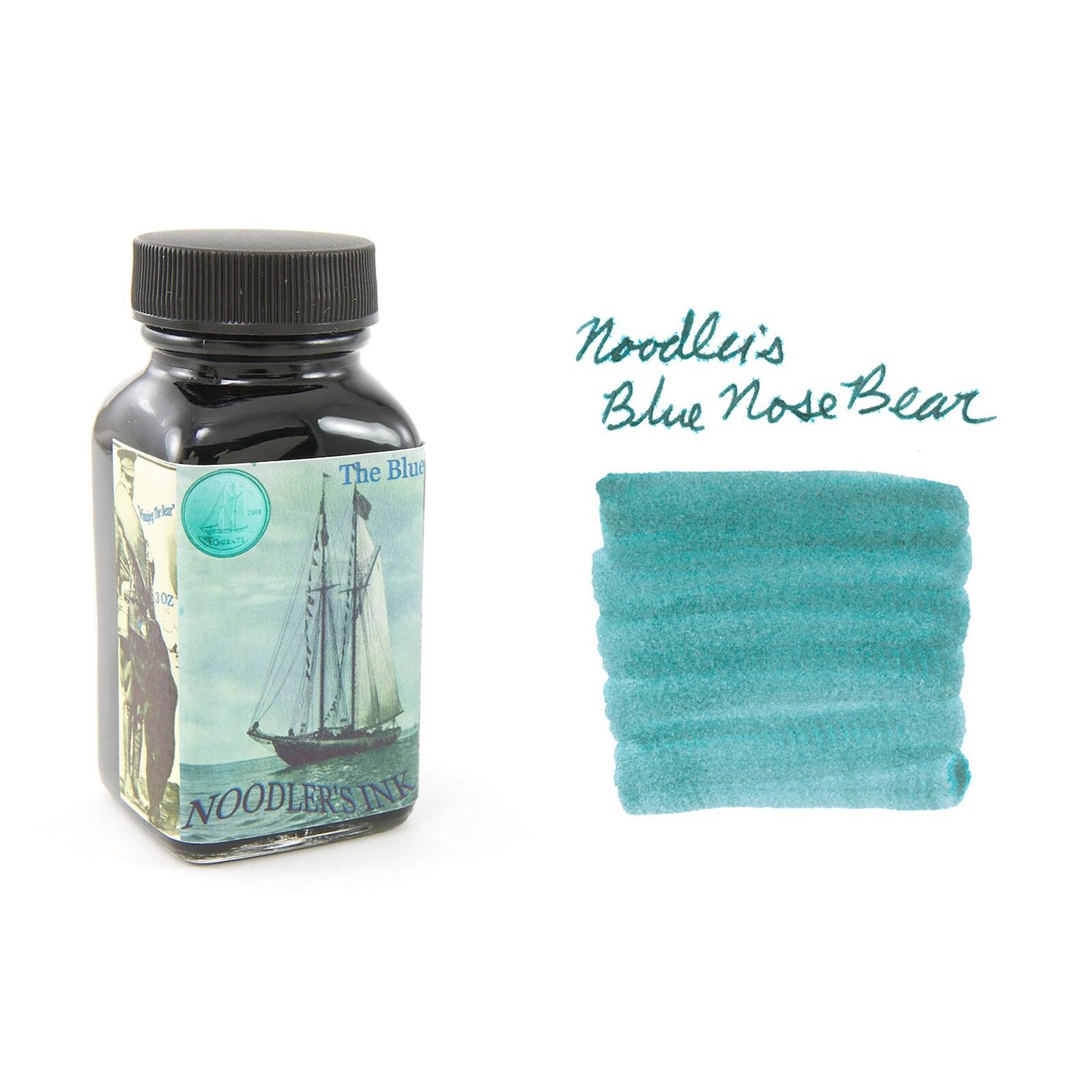 A bottle of Noodler's Blue Nose Bear beside its swatch.