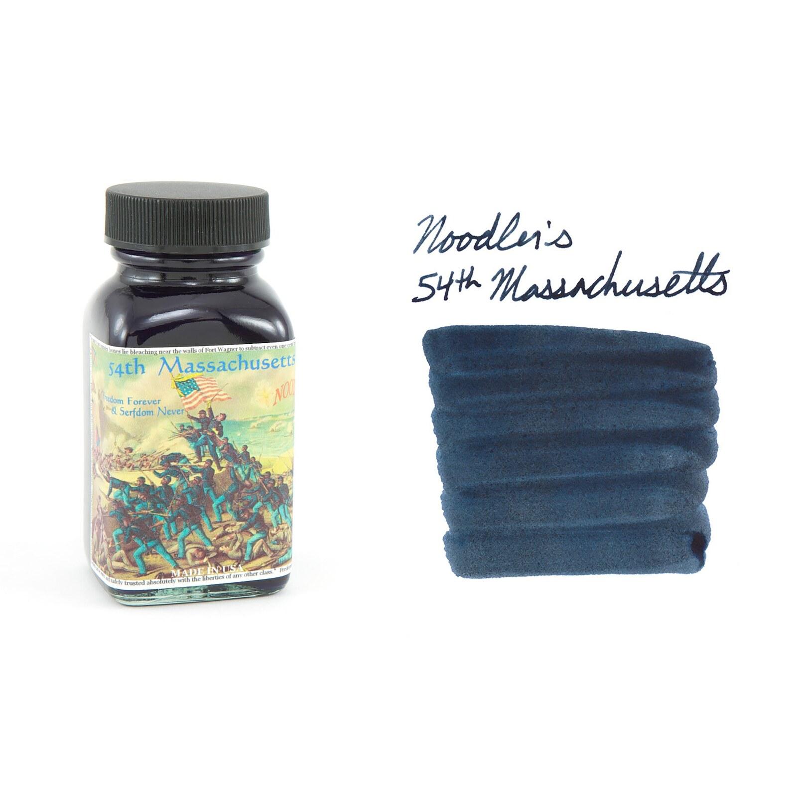 A bottle of Noodler's Bulletproof 54th Massachusetts beside its swatch.
