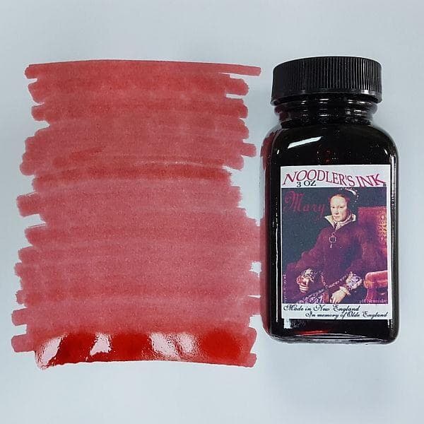 A bottle of Noodler's Mary I beside its swatch.