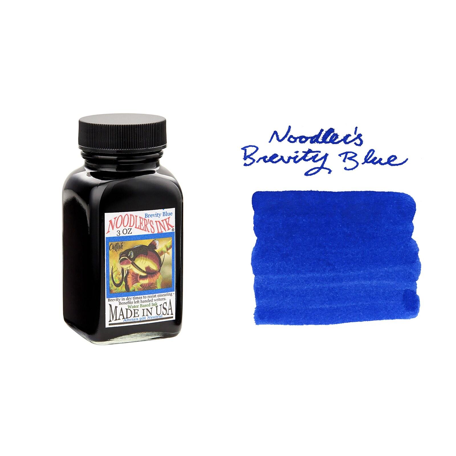 A bottle of Noodler's Bernanke Blue beside its swatch.