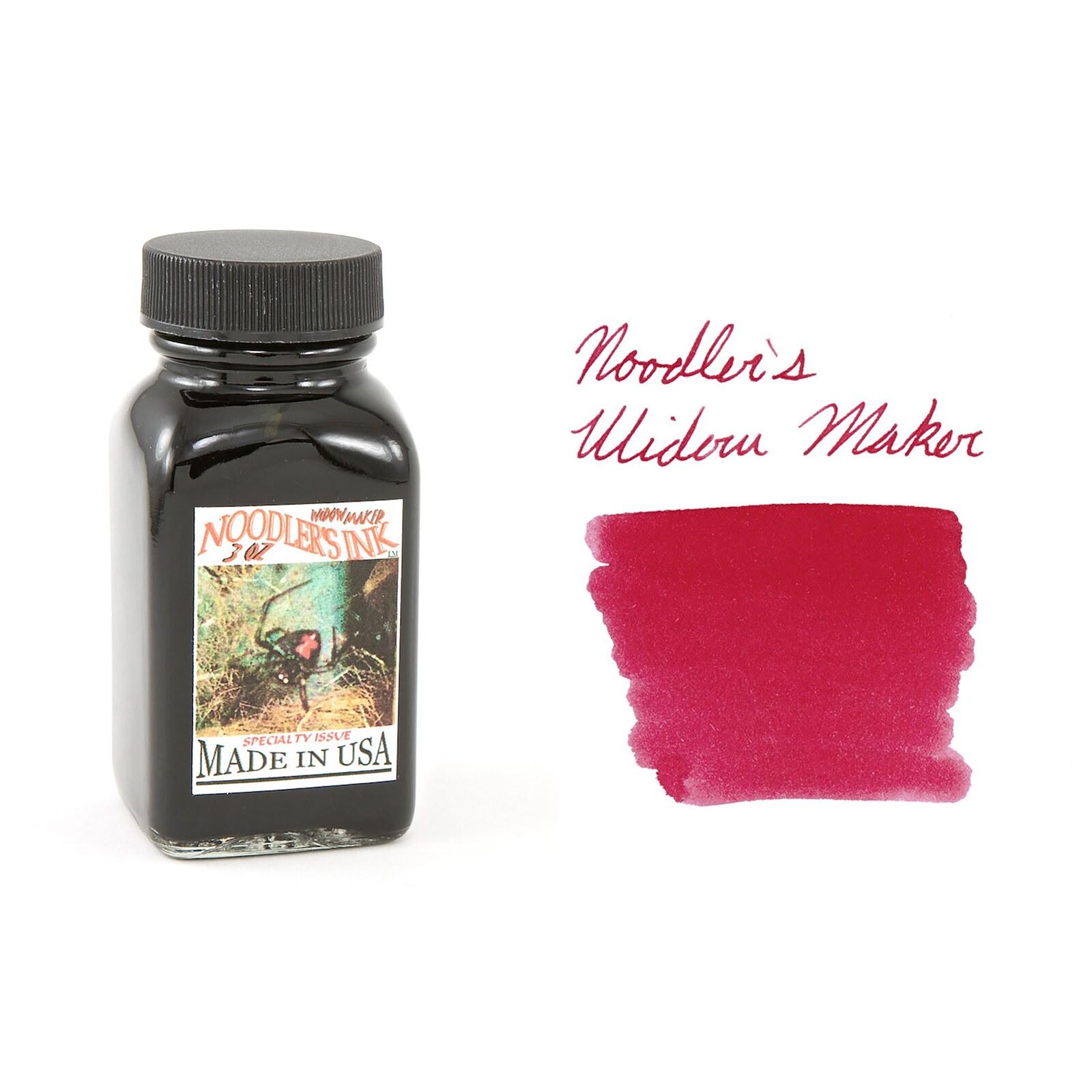 A bottle of Noodler's Widow Maker beside its swatch.