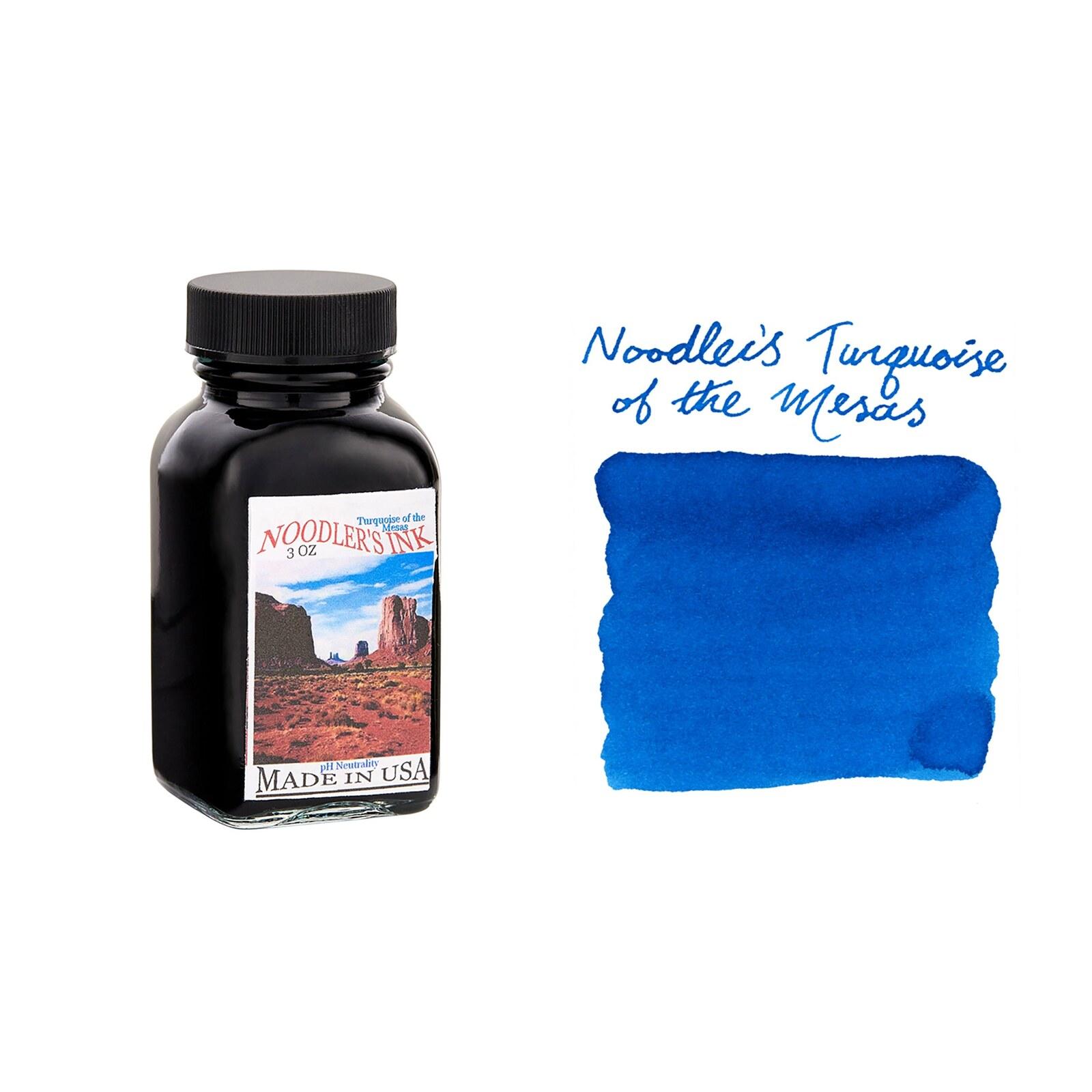 A bottle of Noodler's Navajo Turquoise beside its swatch.