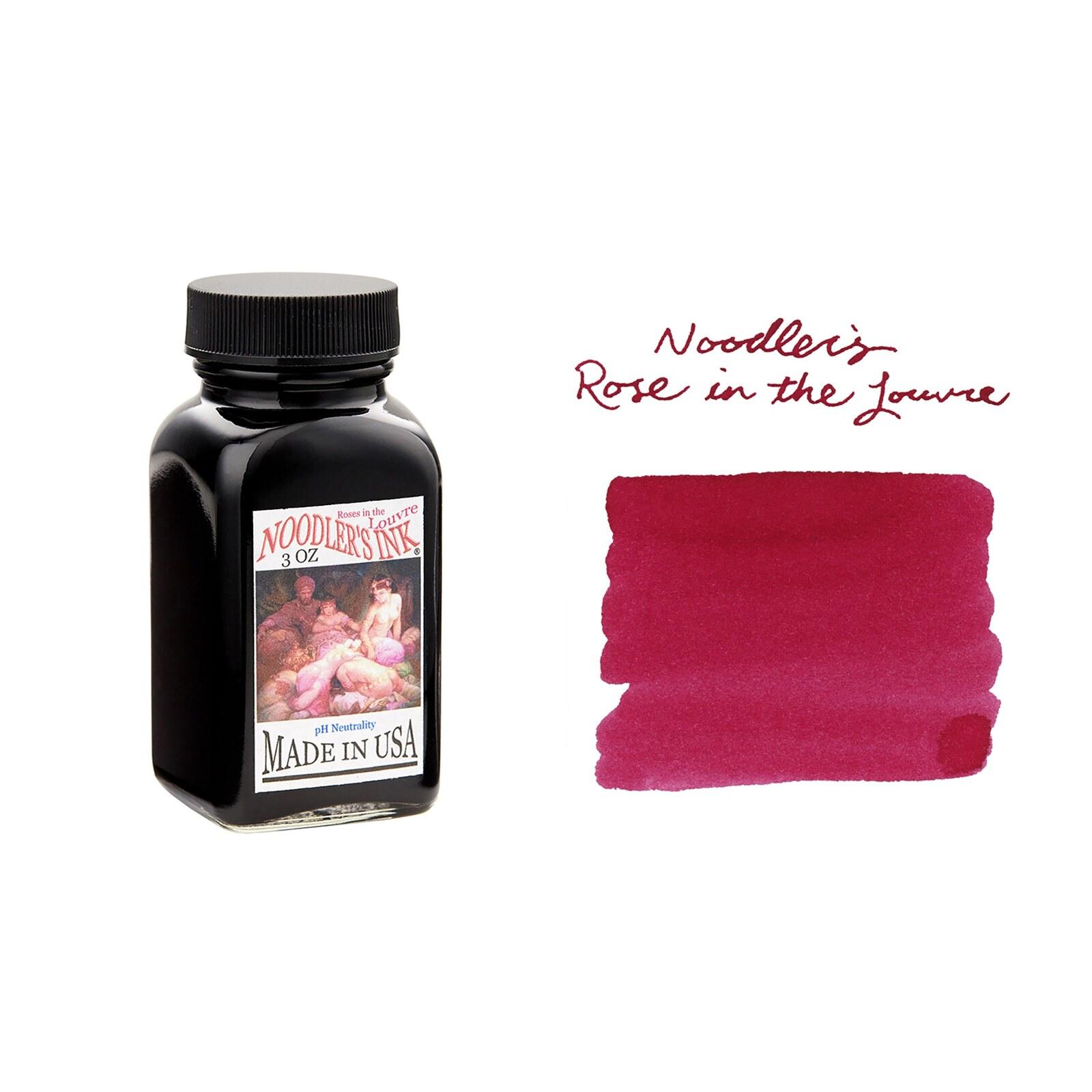A bottle of Noodler's Ottoman Rose beside its swatch.