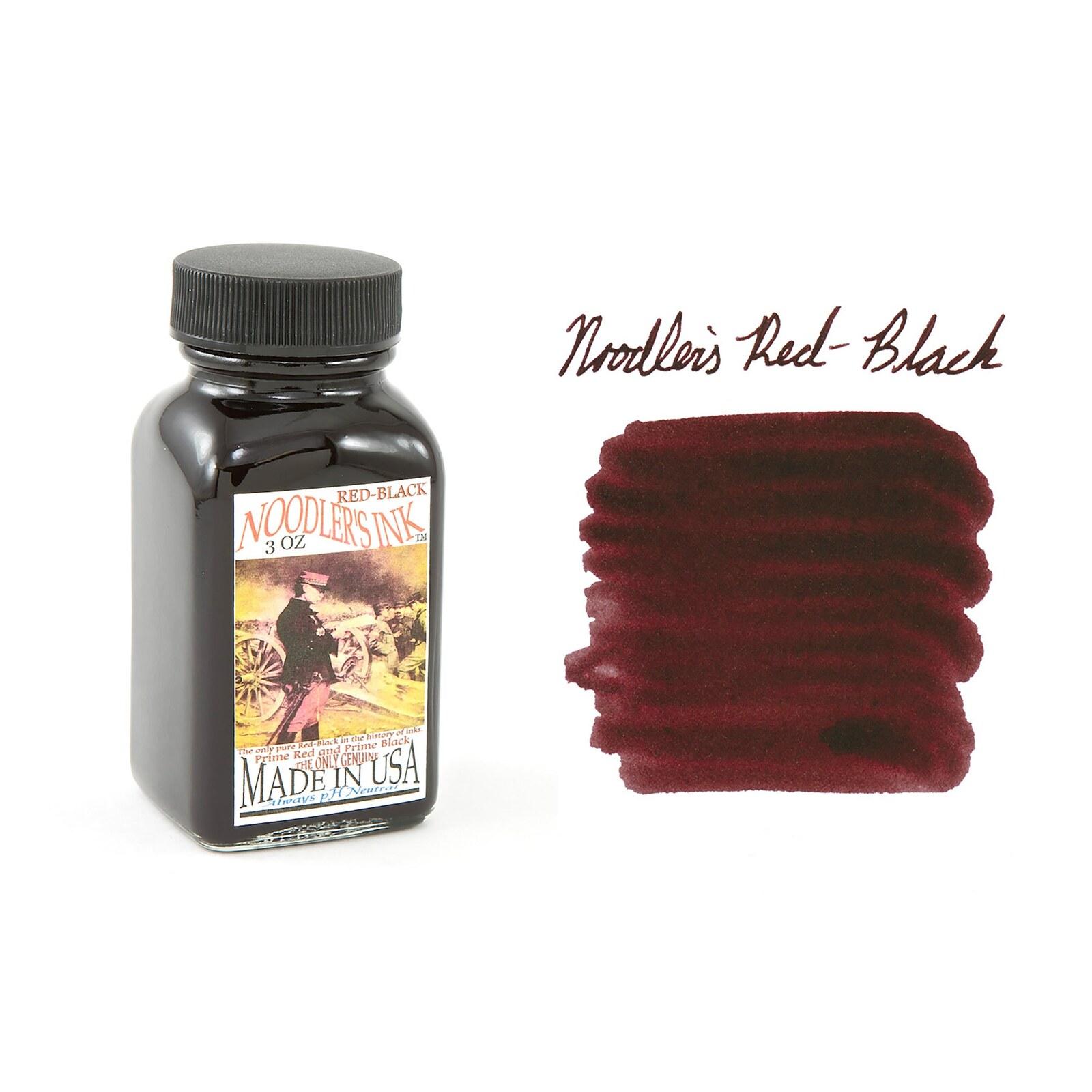 A bottle of Noodler's Red-Black beside its swatch.