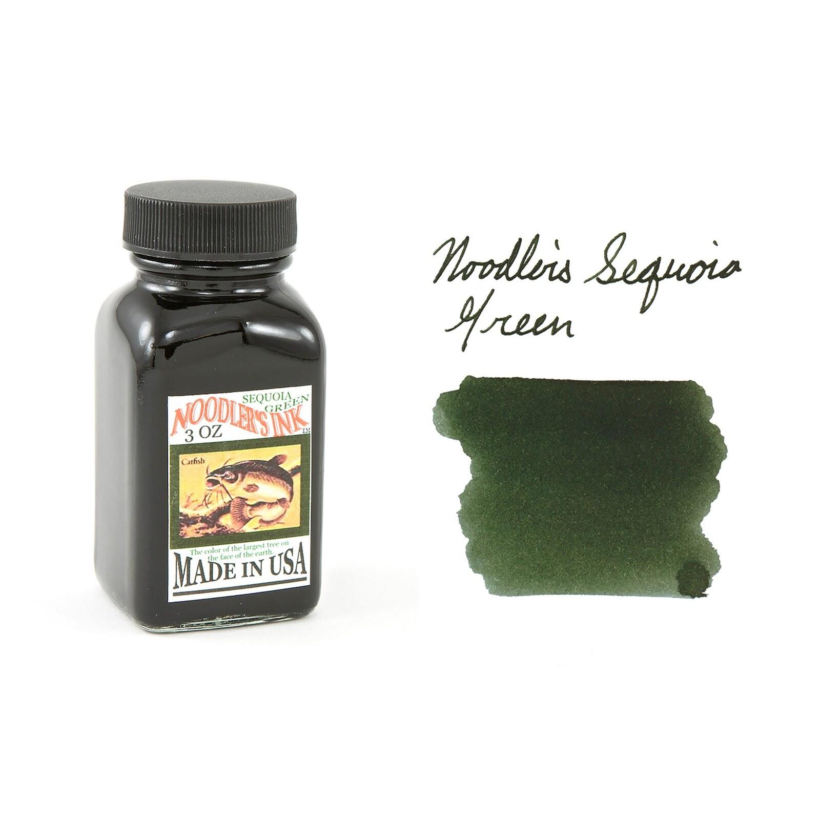A bottle of Noodler's Sequoia Green beside its swatch.
