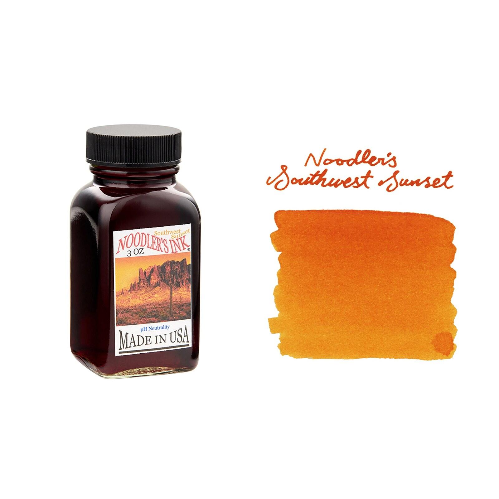 A bottle of Noodler's Apache Sunset beside its swatch.