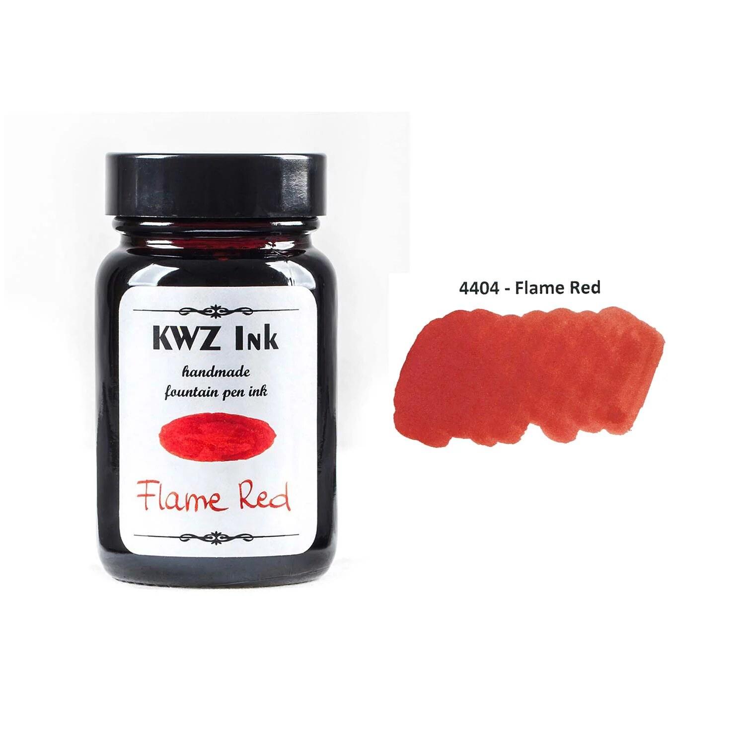 A bottle of KWZ Standard 4404 Flame Red beside its swatch.