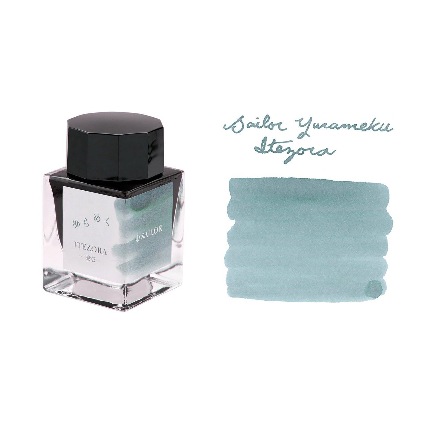 A bottle of Sailor Yurameku 13-1529-206 Itezora beside its swatch.