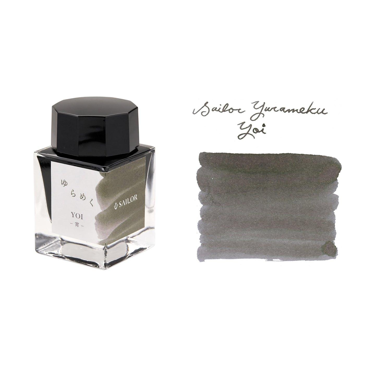 A bottle of Sailor Yurameku 13-1529-209 Yoi beside its swatch.