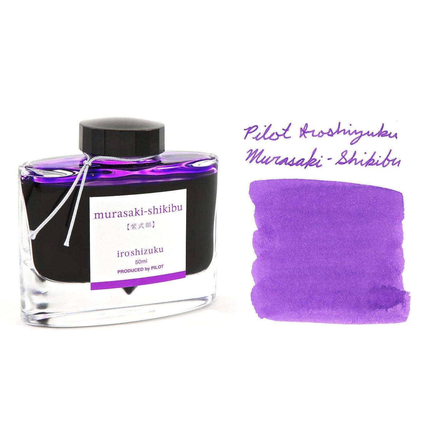 A bottle of Pilot Iroshizuku Murasaki-shikibu beside its swatch.