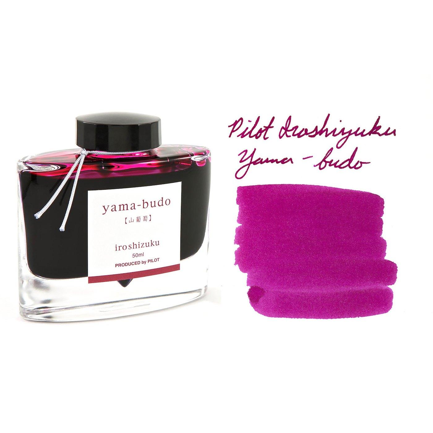 A bottle of Pilot Iroshizuku Yama-budo beside its swatch.