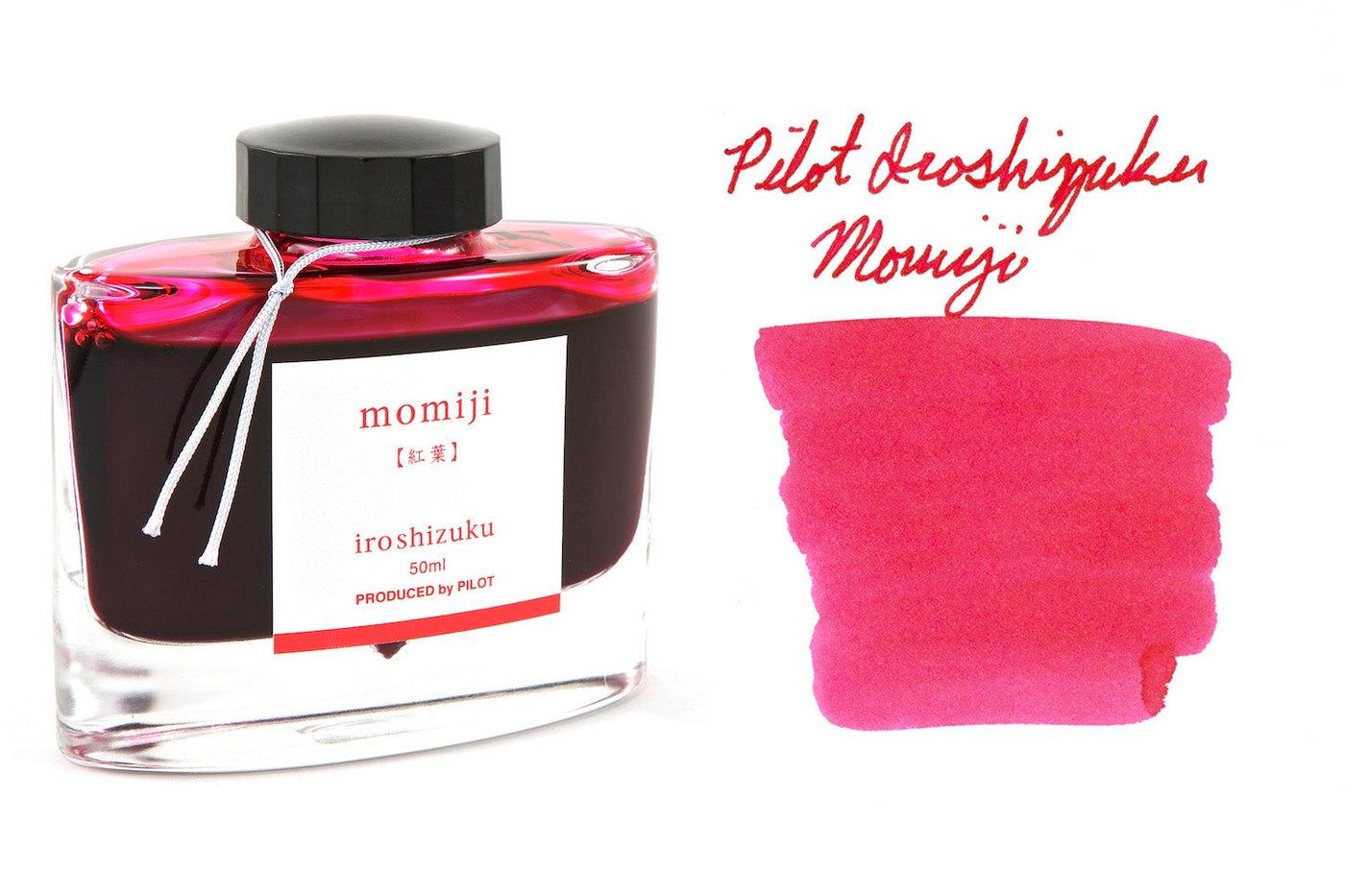 A bottle of Pilot Iroshizuku Momiji beside its swatch.