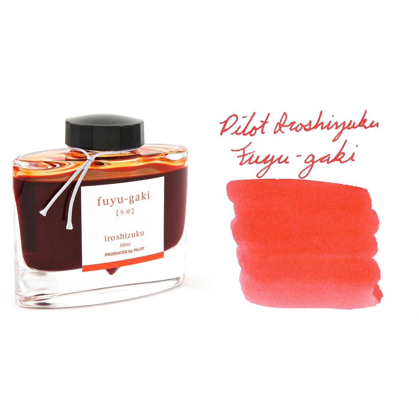 A bottle of Pilot Iroshizuku Fuyu-gaki beside its swatch.