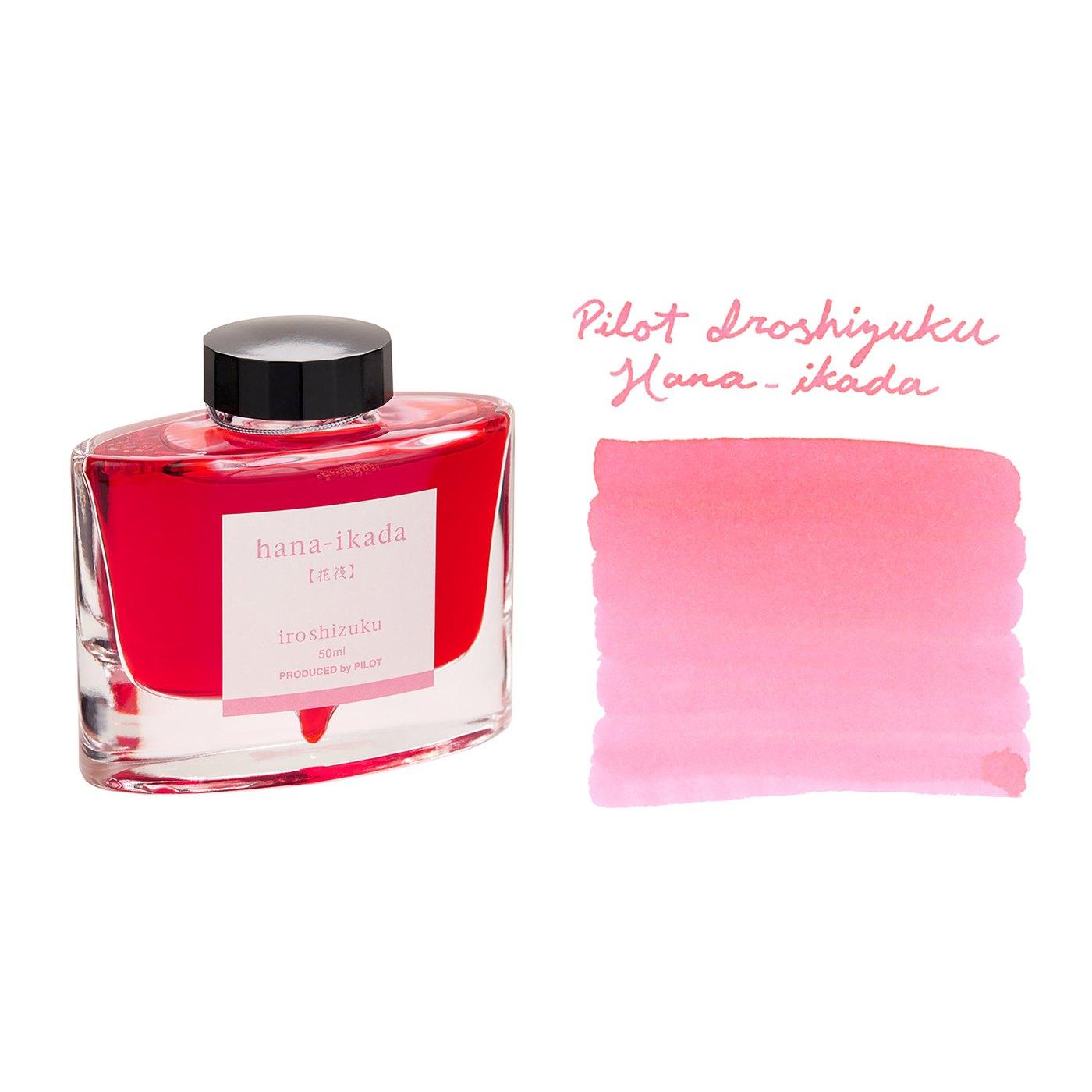 A bottle of Pilot Iroshizuku Hana-ikada beside its swatch.