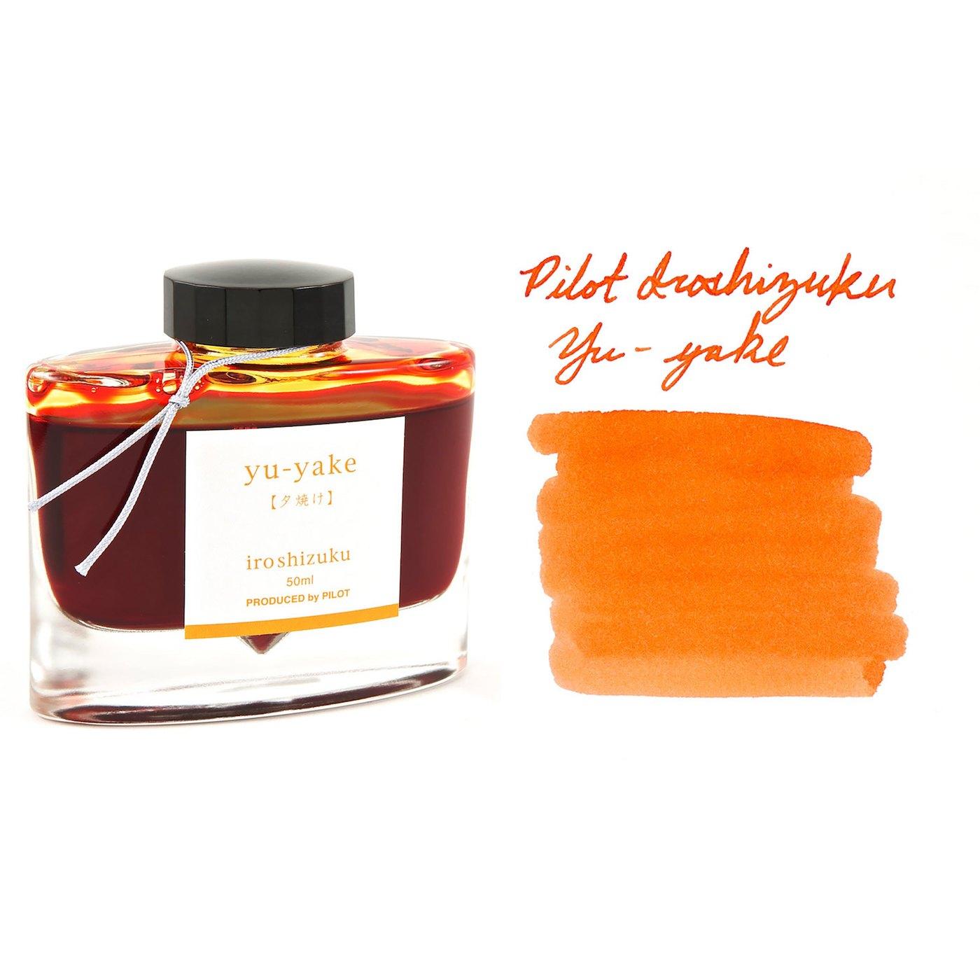 A bottle of Pilot Iroshizuku Yu-yake beside its swatch.