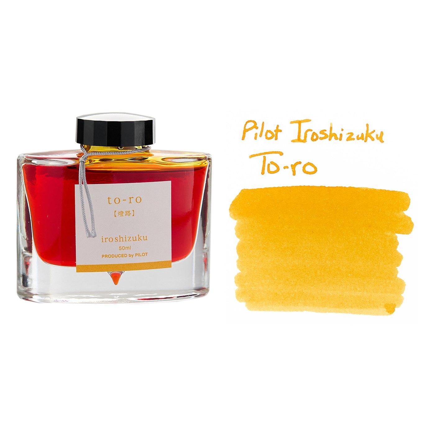 A bottle of Pilot Iroshizuku To-ro beside its swatch.