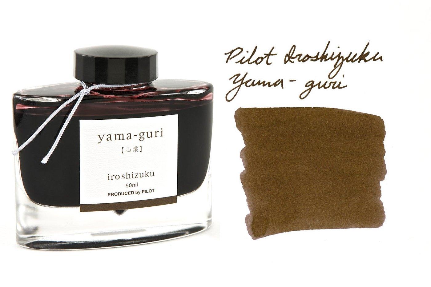 A bottle of Pilot Iroshizuku Yama-guri beside its swatch.
