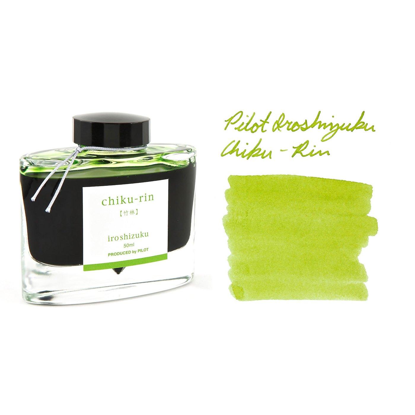 A bottle of Pilot Iroshizuku Chiku-rin beside its swatch.