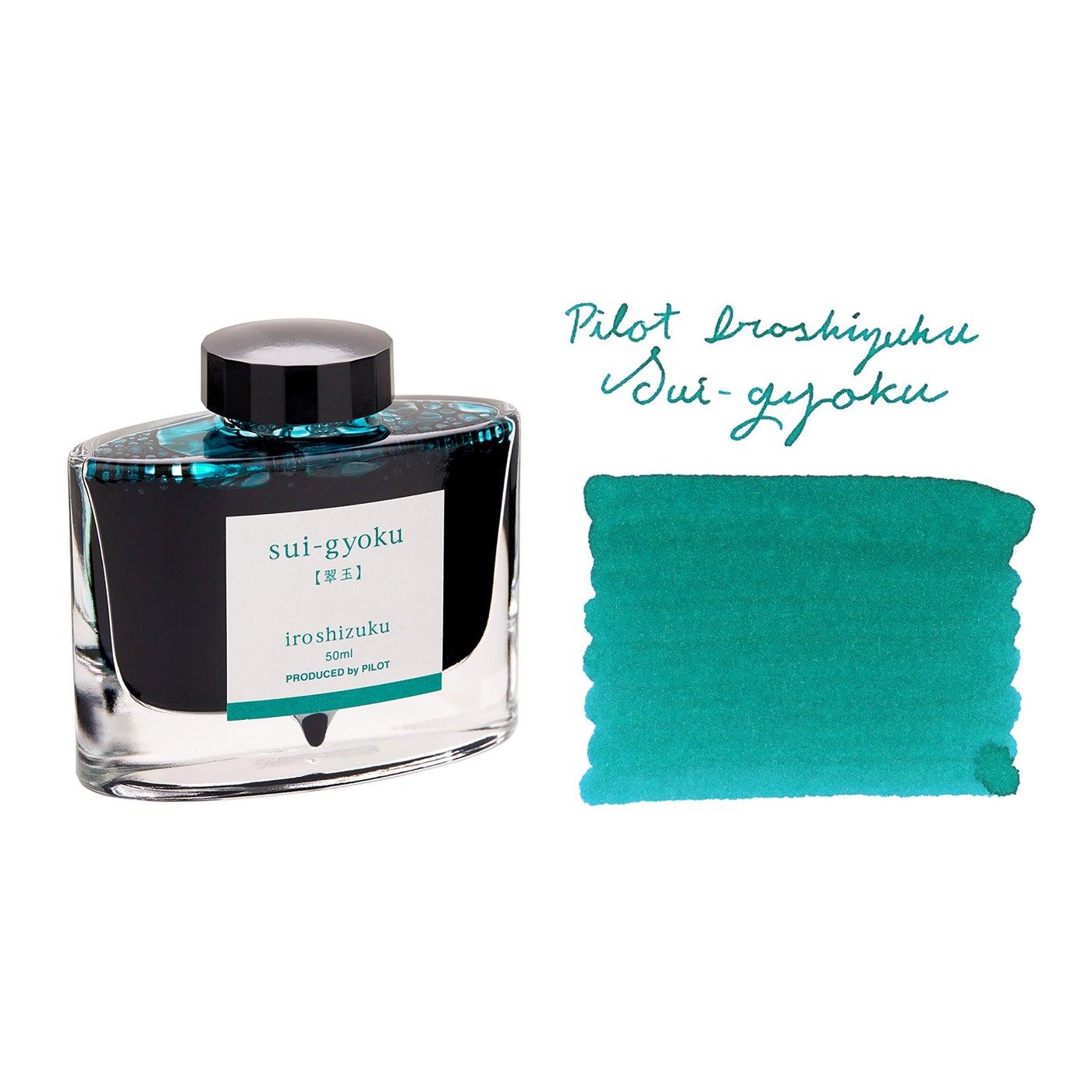 A bottle of Pilot Iroshizuku Sui-gyoku beside its swatch.