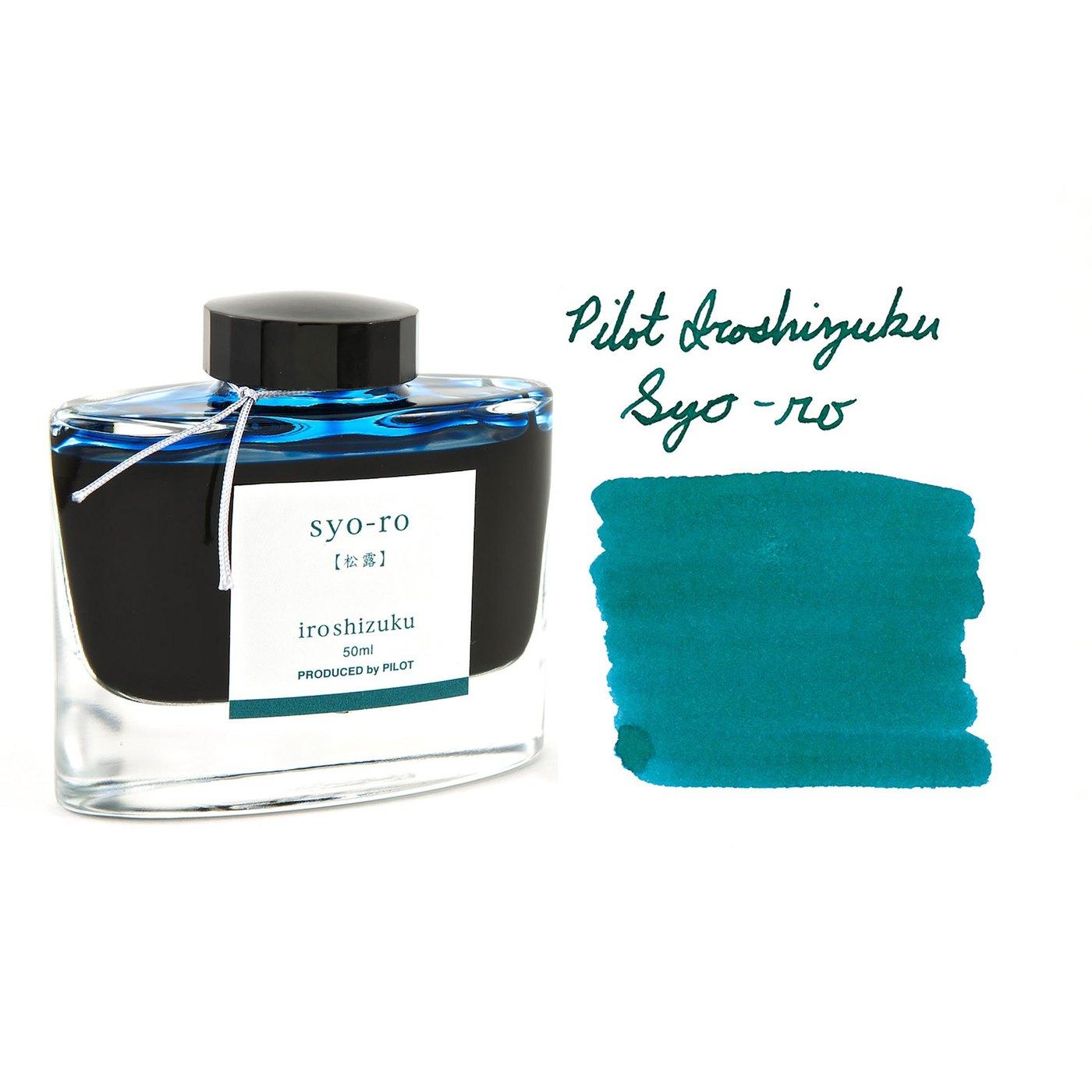 A bottle of Pilot Iroshizuku Syo-ro beside its swatch.