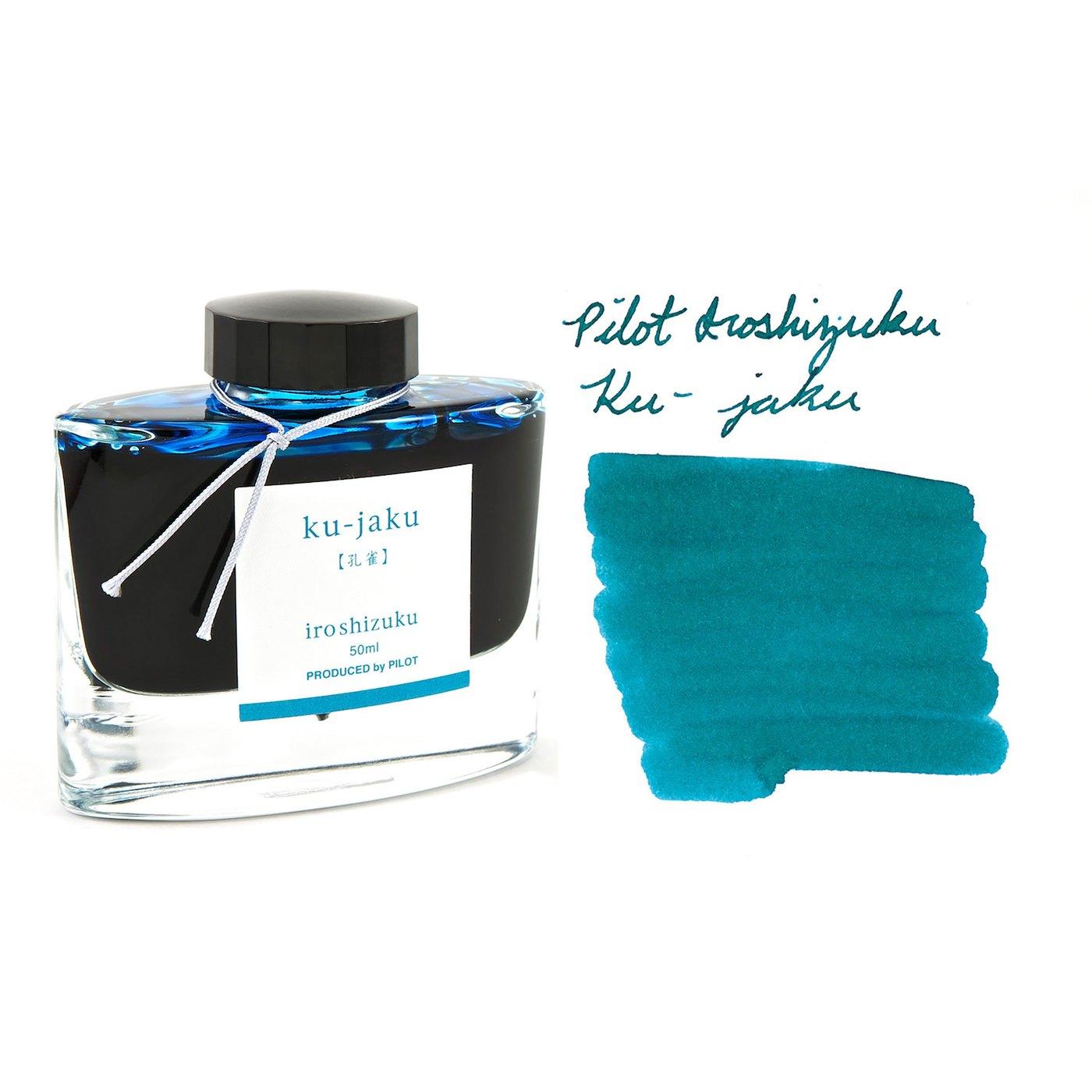 A bottle of Pilot Iroshizuku Ku-jaku beside its swatch.