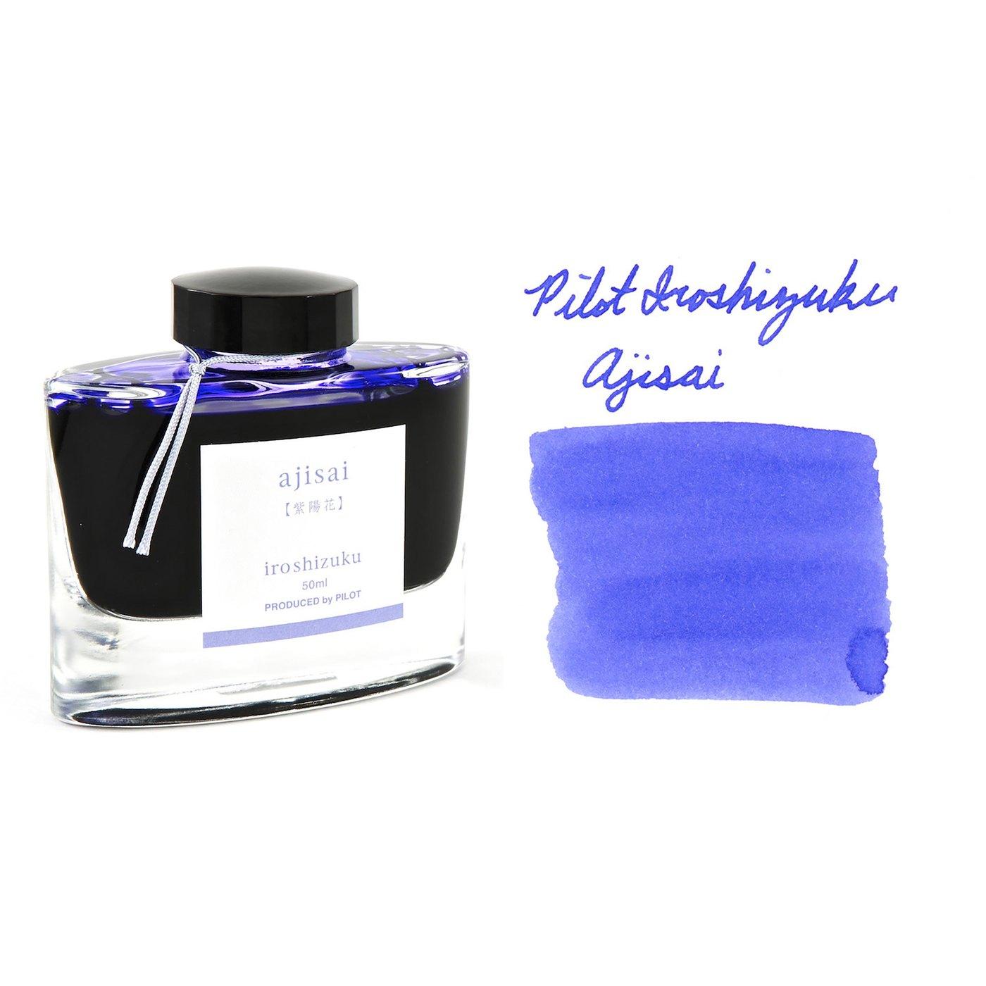 A bottle of Pilot Iroshizuku Ajisai beside its swatch.