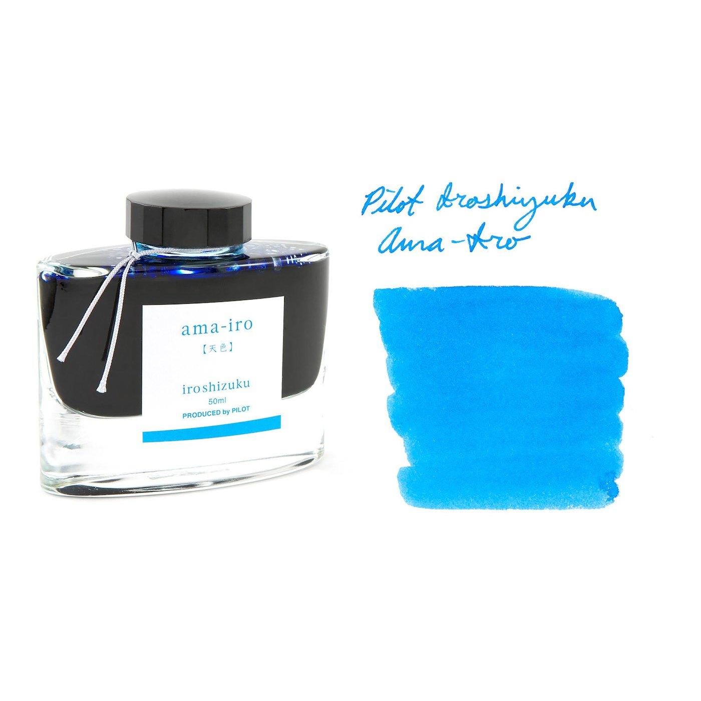 A bottle of Pilot Iroshizuku Ama-iro beside its swatch.