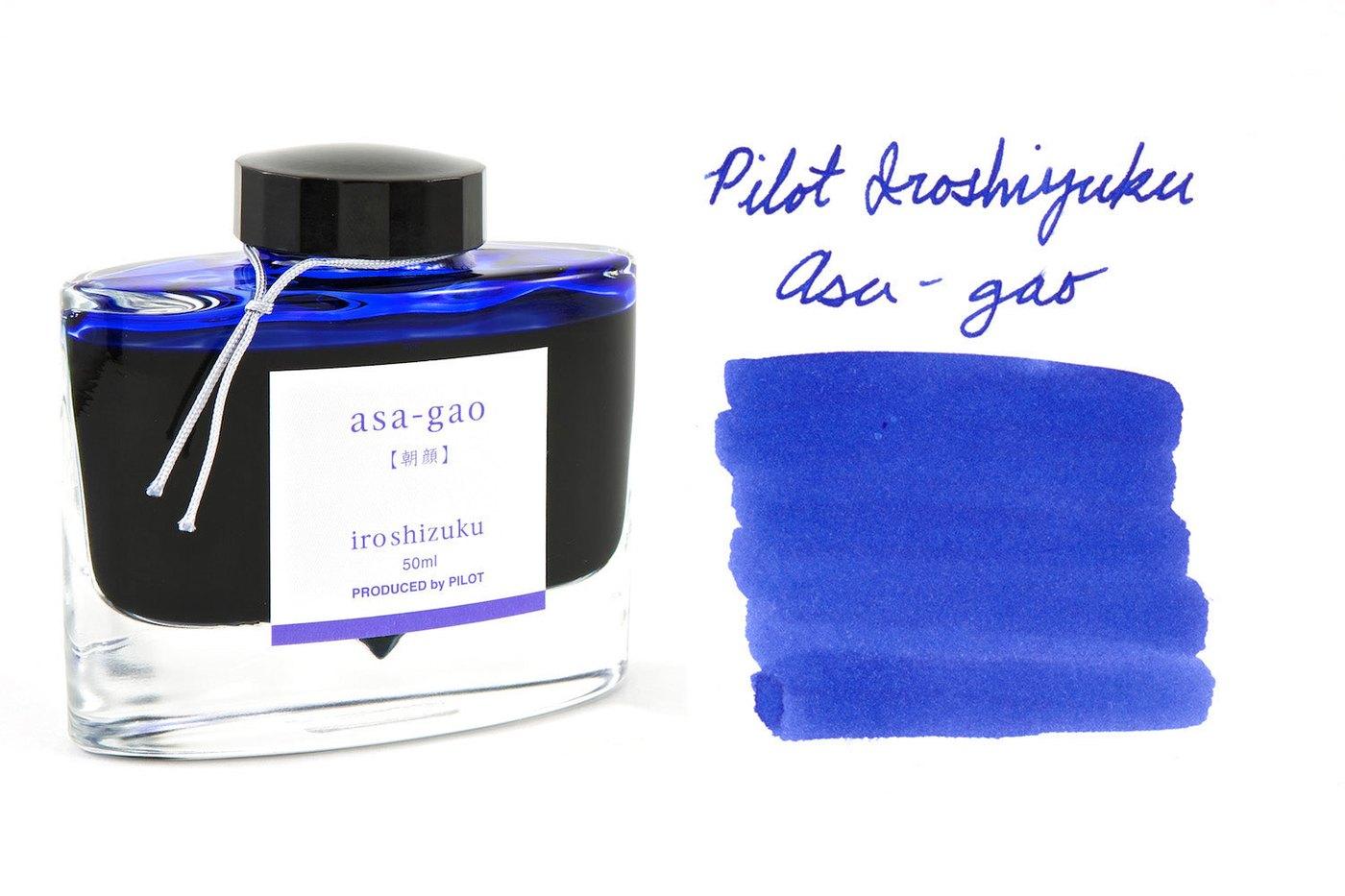 A bottle of Pilot Iroshizuku Asa-gao beside its swatch.