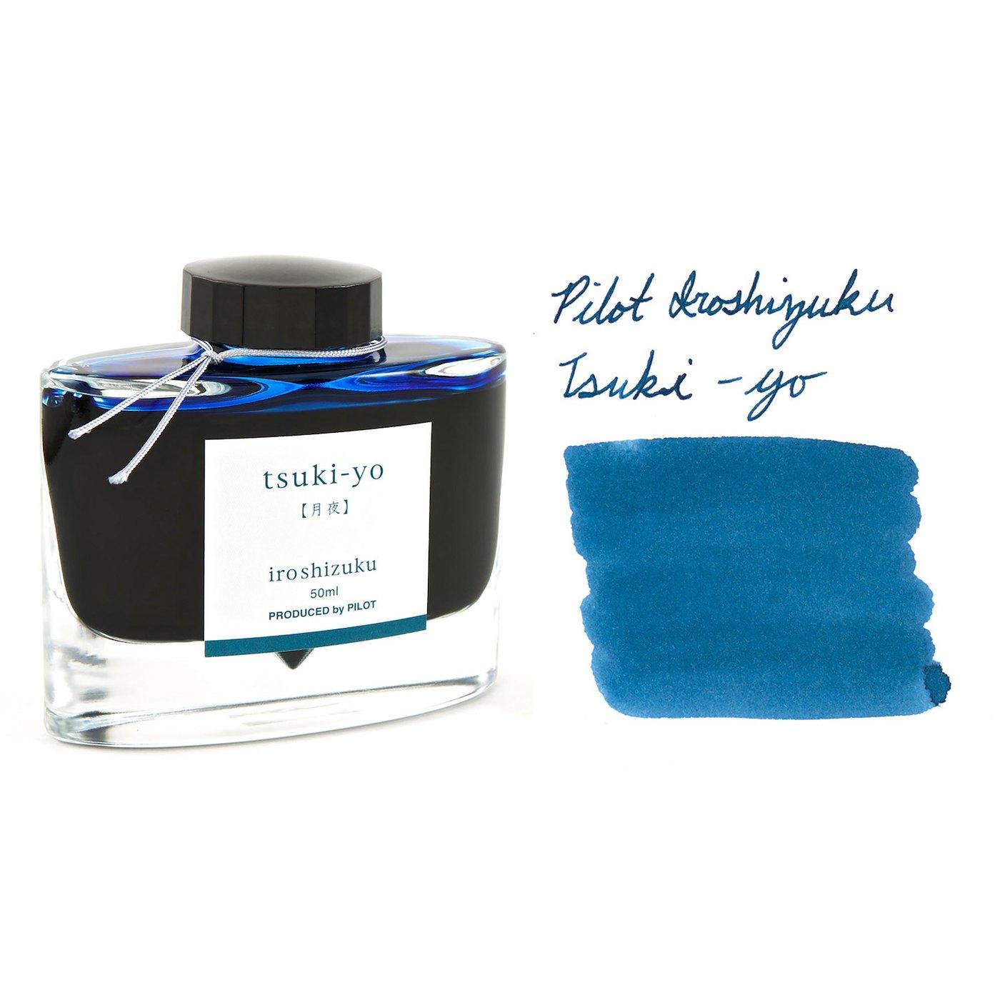 A bottle of Pilot Iroshizuku Tsuki-yo beside its swatch.
