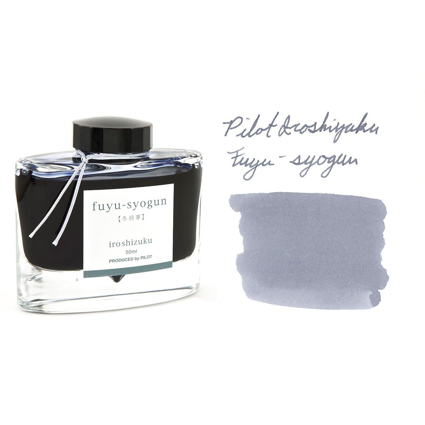 A bottle of Pilot Iroshizuku Fuyu-syogun beside its swatch.
