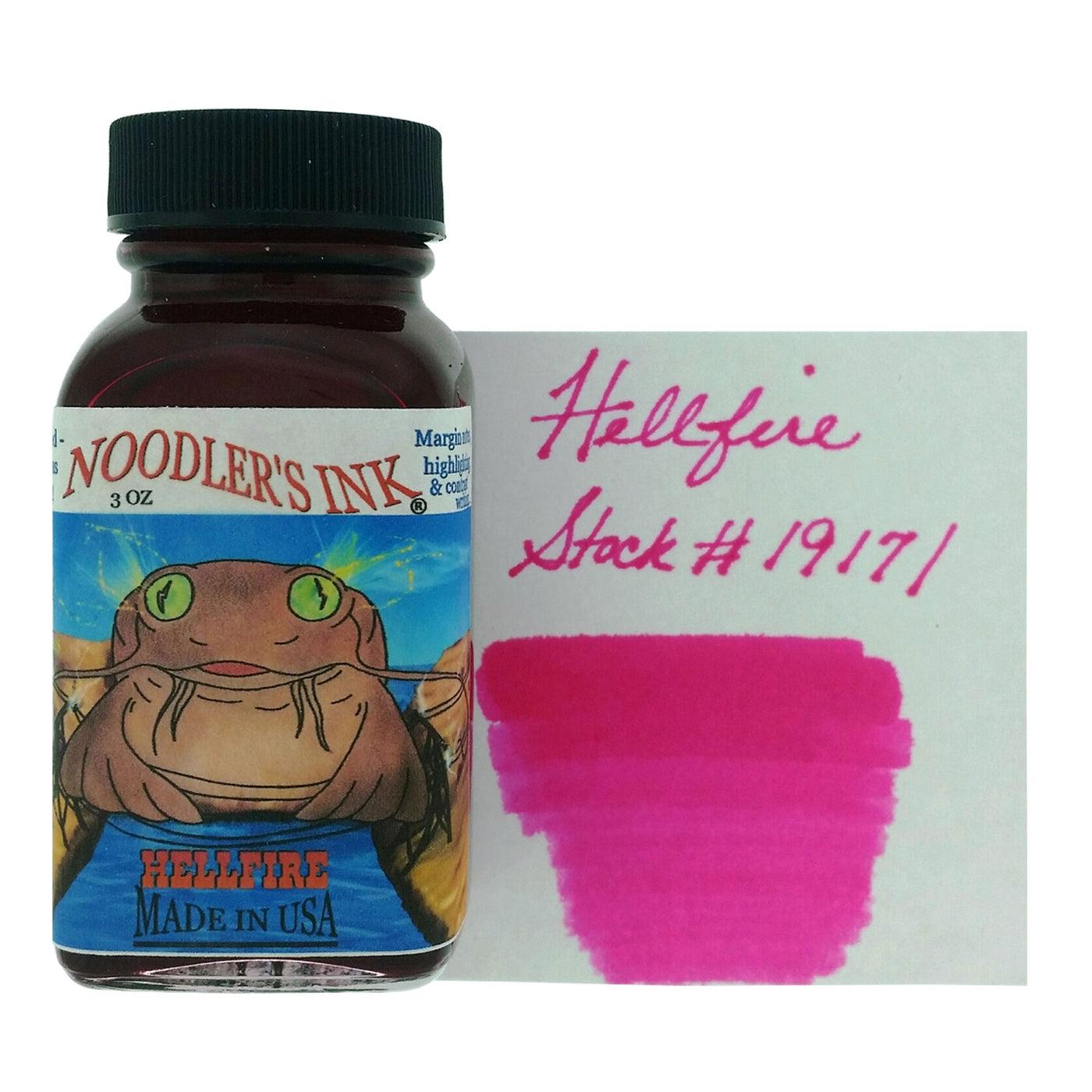 A bottle of Noodler's Highlighter Hellfire beside its swatch.