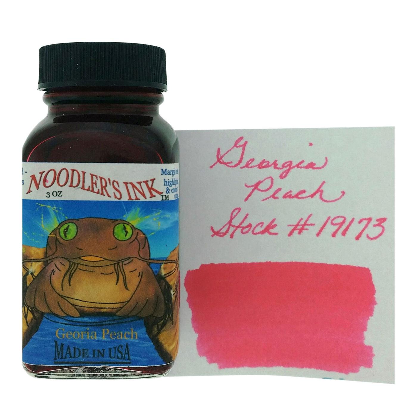 A bottle of Noodler's Highlighter Georgia Peach beside its swatch.