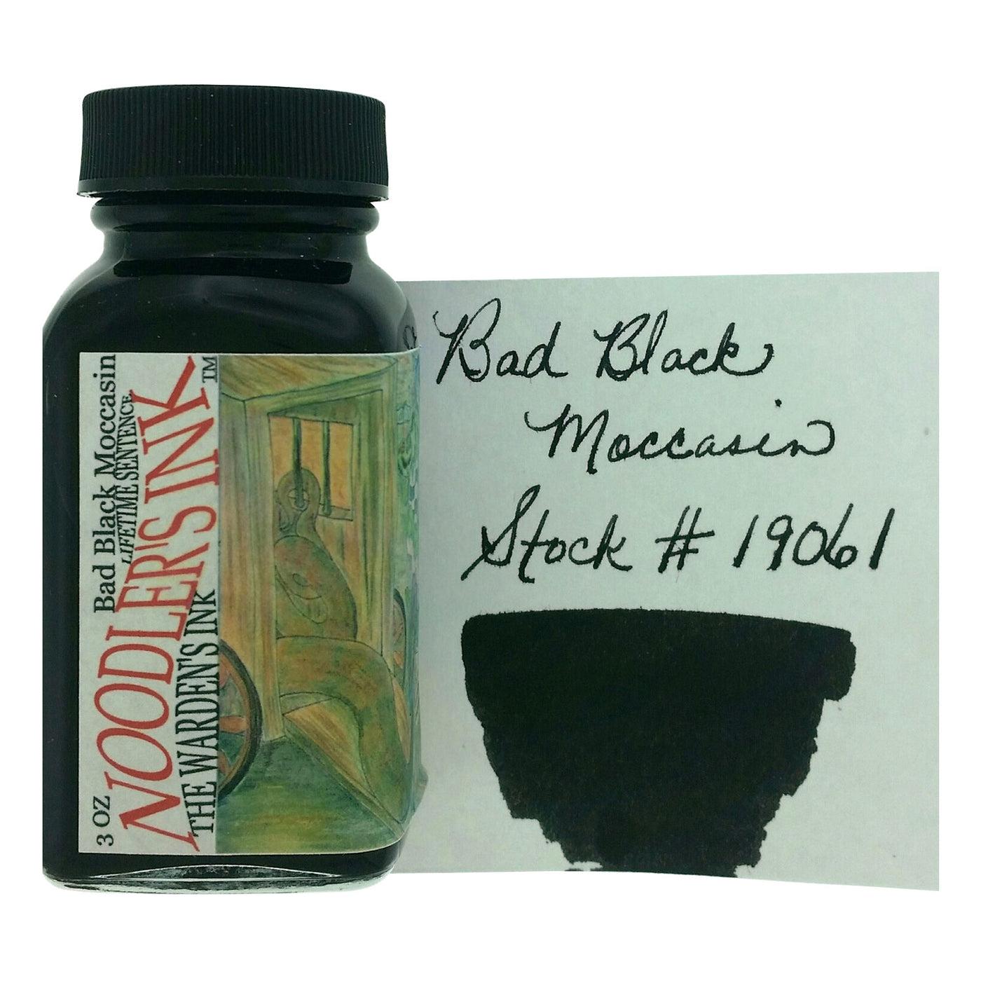 A bottle of Noodler's Bulletproof Bad Black Moccasin beside its swatch.