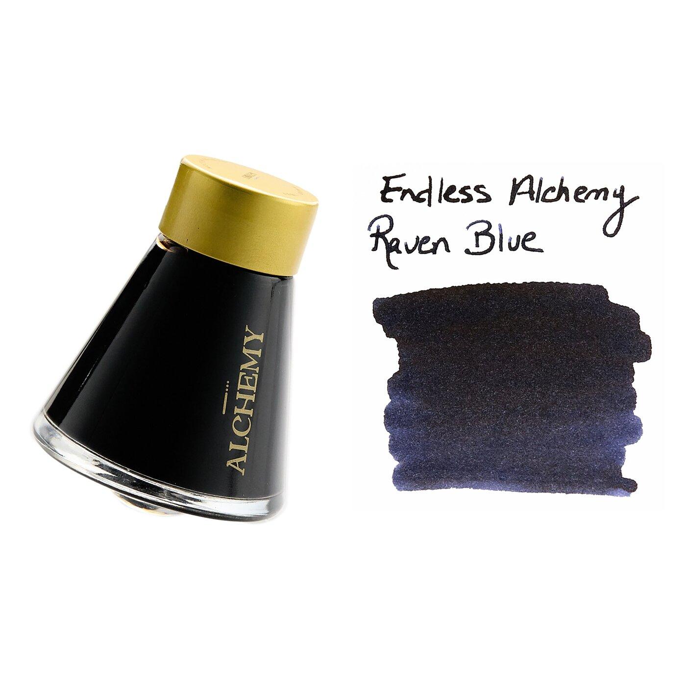 A bottle of Endless Alchemy · Stardust Raven Blue beside its swatch.