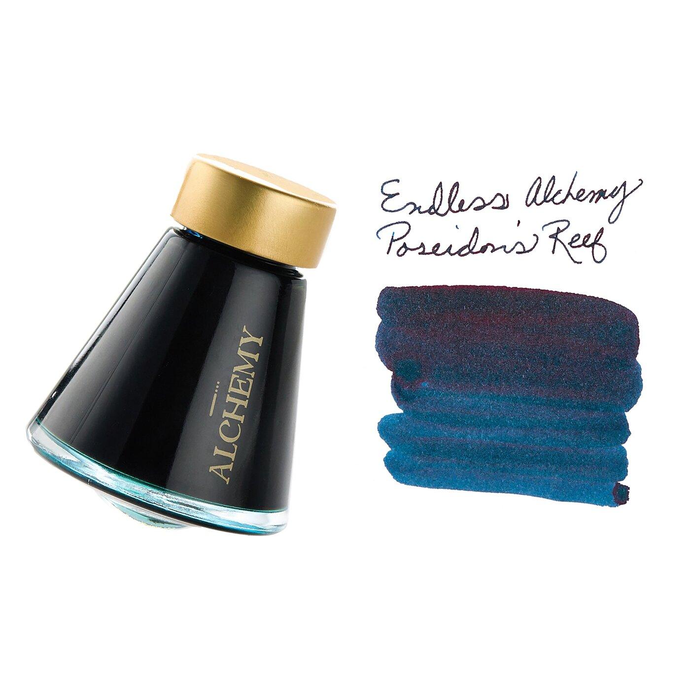 A bottle of Endless Alchemy Poseidon's Reef beside its swatch.